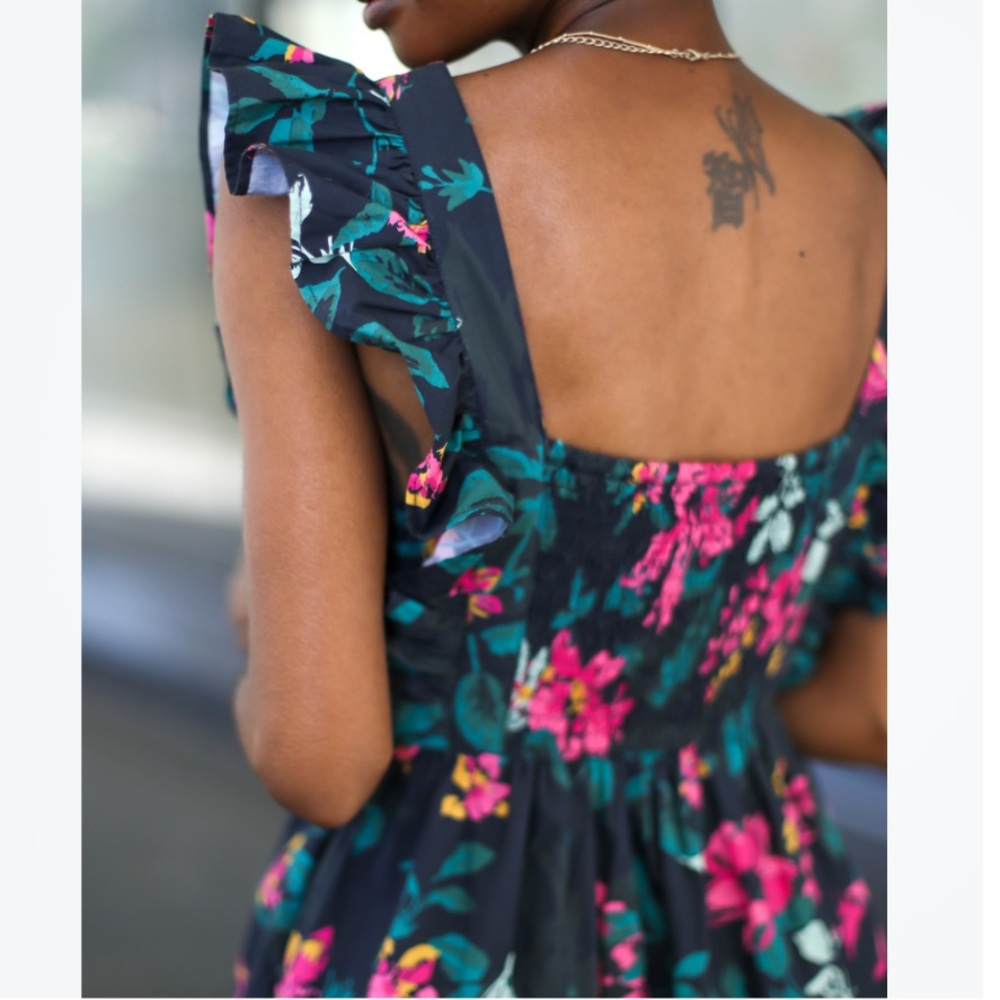 The Drop Navy Jewel Tone Poplin Cotton Floral Ruffle Square Neck Maxi Dress - Picture 2 of 14